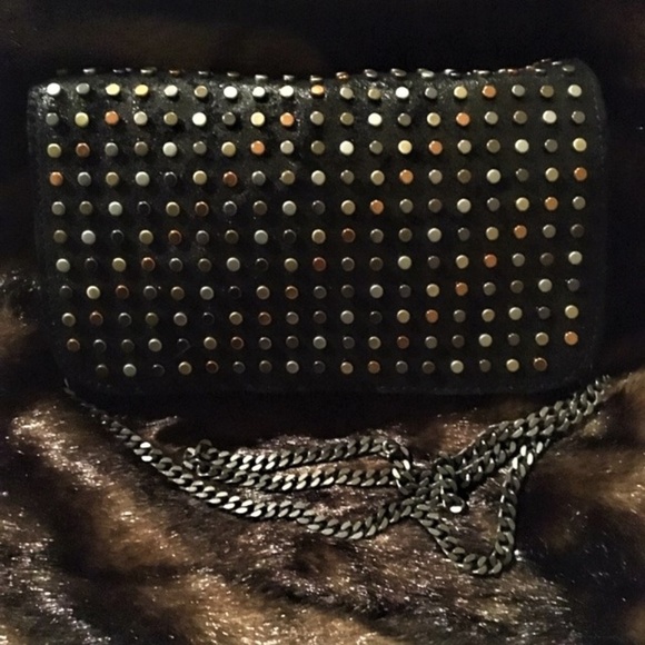 Patricia Nash Black Gold Silver Copper Studed Shoulder Bag Leather Cross Body